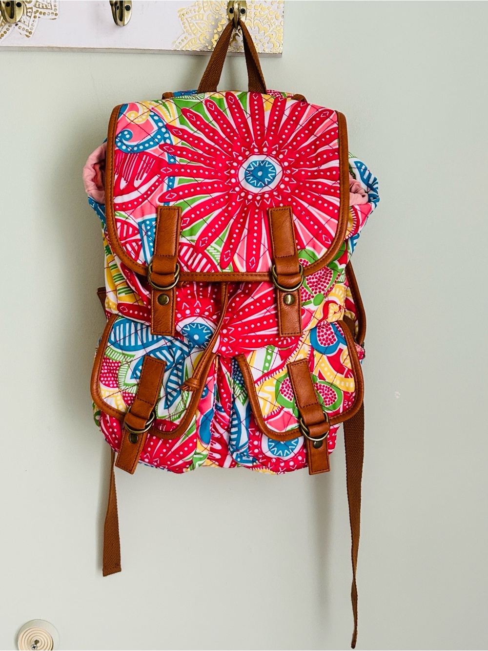 Vibrant Pink Multi-Color Printed Backpack with Brown Trim